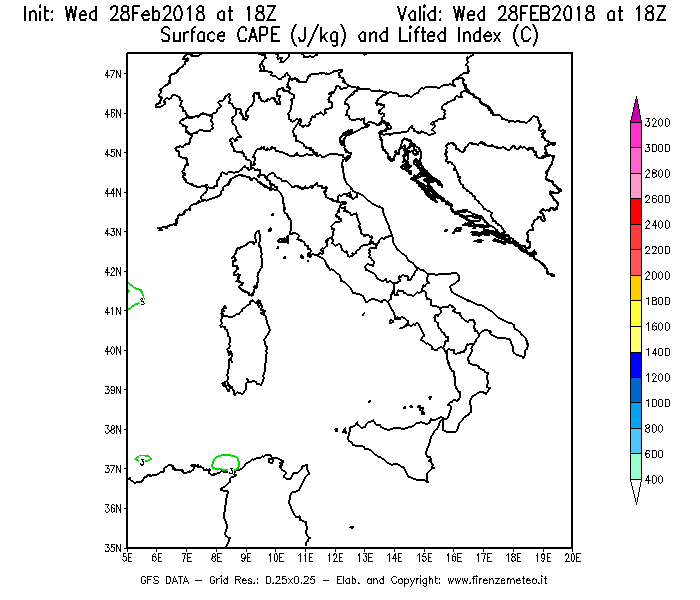 Mappa di analisi GFS - CAPE [J/kg] e Lifted Index [°C] in Italia
							del 28/02/2018 18 <!--googleoff: index-->UTC<!--googleon: index-->