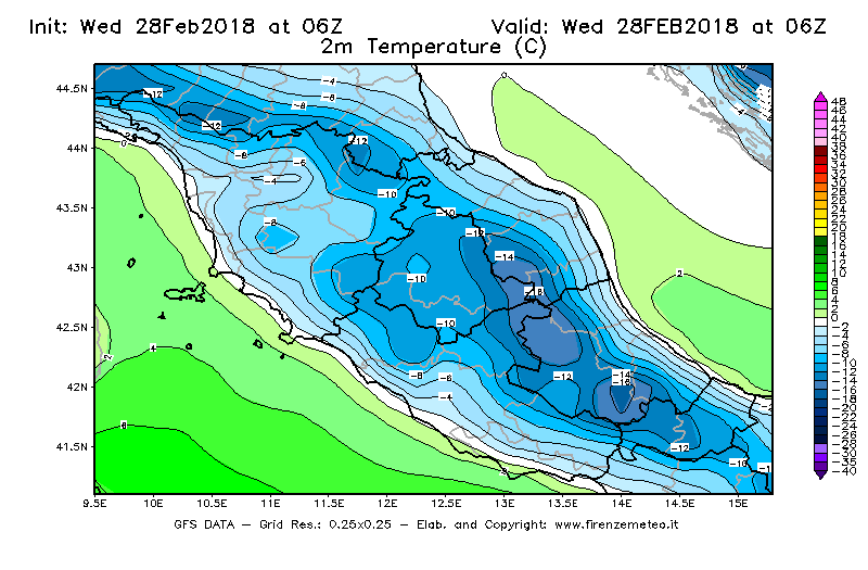 Mappa di analisi GFS - Temperatura a 2 metri dal suolo [°C] in Centro-Italia
							del 28/02/2018 06 <!--googleoff: index-->UTC<!--googleon: index-->