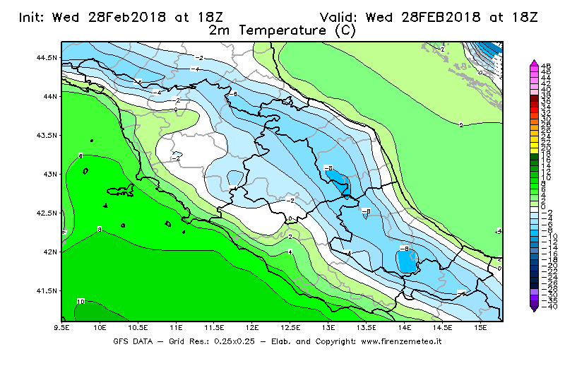 Mappa di analisi GFS - Temperatura a 2 metri dal suolo [°C] in Centro-Italia
							del 28/02/2018 18 <!--googleoff: index-->UTC<!--googleon: index-->
