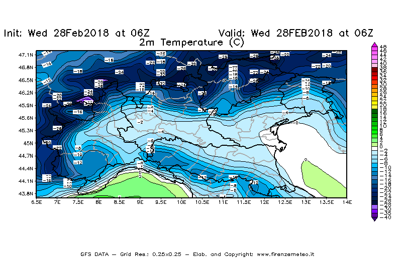 Mappa di analisi GFS - Temperatura a 2 metri dal suolo [°C] in Nord-Italia
							del 28/02/2018 06 <!--googleoff: index-->UTC<!--googleon: index-->
