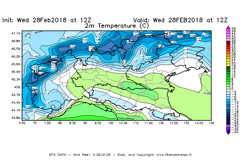 Mappa di analisi GFS - Temperatura a 2 metri dal suolo [°C] in Nord-Italia
							del 28/02/2018 12 <!--googleoff: index-->UTC<!--googleon: index-->