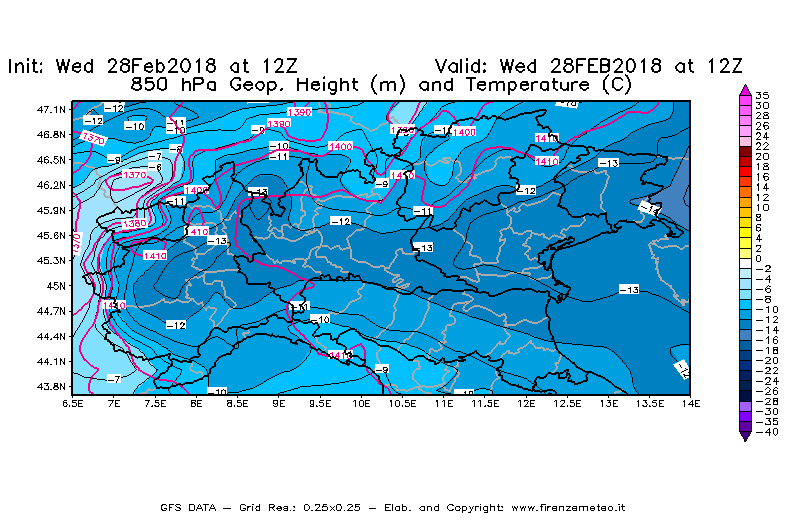 Mappa di analisi GFS - Geopotenziale [m] e Temperatura [°C] a 850 hPa in Nord-Italia
							del 28/02/2018 12 <!--googleoff: index-->UTC<!--googleon: index-->