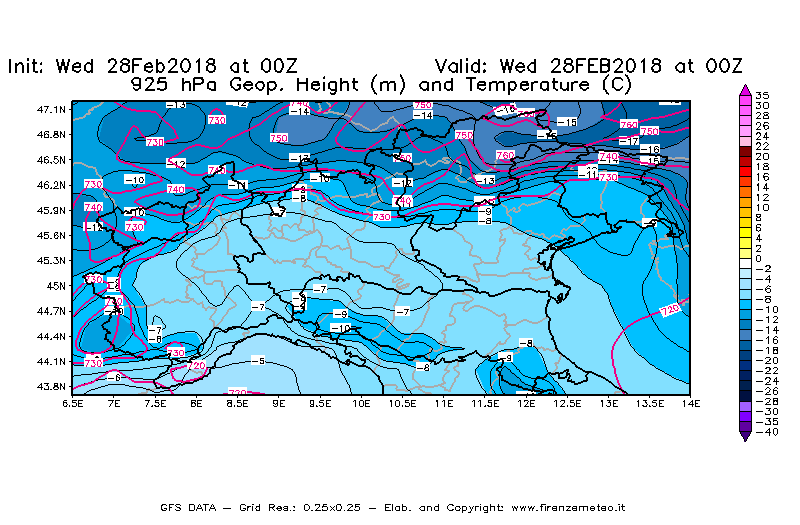 Mappa di analisi GFS - Geopotenziale [m] e Temperatura [°C] a 925 hPa in Nord-Italia
							del 28/02/2018 00 <!--googleoff: index-->UTC<!--googleon: index-->