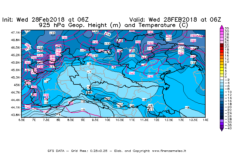 Mappa di analisi GFS - Geopotenziale [m] e Temperatura [°C] a 925 hPa in Nord-Italia
							del 28/02/2018 06 <!--googleoff: index-->UTC<!--googleon: index-->