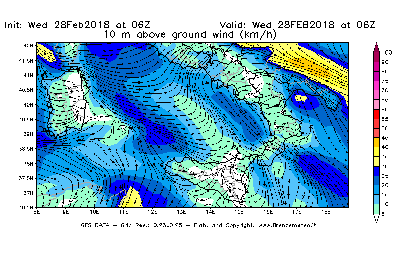 Mappa di analisi GFS - Velocità del vento a 10 metri dal suolo [km/h] in Sud-Italia
							del 28/02/2018 06 <!--googleoff: index-->UTC<!--googleon: index-->