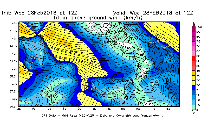 Mappa di analisi GFS - Velocità del vento a 10 metri dal suolo [km/h] in Sud-Italia
							del 28/02/2018 12 <!--googleoff: index-->UTC<!--googleon: index-->