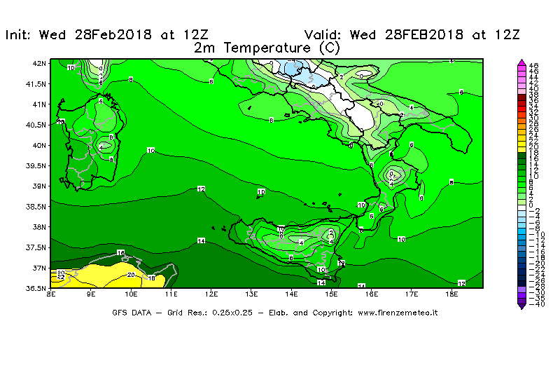 Mappa di analisi GFS - Temperatura a 2 metri dal suolo [°C] in Sud-Italia
							del 28/02/2018 12 <!--googleoff: index-->UTC<!--googleon: index-->