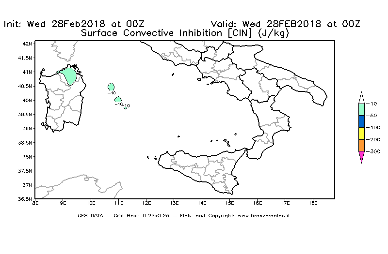 Mappa di analisi GFS - CIN [J/kg] in Sud-Italia
							del 28/02/2018 00 <!--googleoff: index-->UTC<!--googleon: index-->