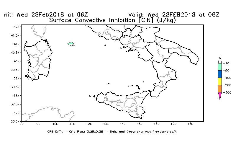 Mappa di analisi GFS - CIN [J/kg] in Sud-Italia
							del 28/02/2018 06 <!--googleoff: index-->UTC<!--googleon: index-->