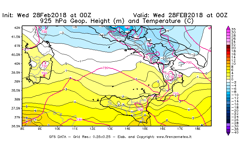 Mappa di analisi GFS - Geopotenziale [m] e Temperatura [°C] a 925 hPa in Sud-Italia
							del 28/02/2018 00 <!--googleoff: index-->UTC<!--googleon: index-->