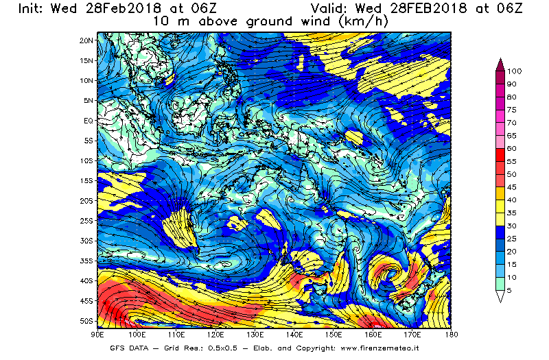 Mappa di analisi GFS - Velocità del vento a 10 metri dal suolo [km/h] in Oceania
							del 28/02/2018 06 <!--googleoff: index-->UTC<!--googleon: index-->