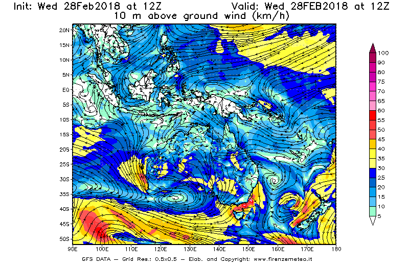 Mappa di analisi GFS - Velocità del vento a 10 metri dal suolo [km/h] in Oceania
							del 28/02/2018 12 <!--googleoff: index-->UTC<!--googleon: index-->