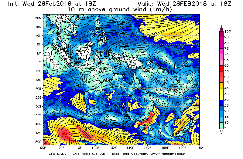 Mappa di analisi GFS - Velocità del vento a 10 metri dal suolo [km/h] in Oceania
							del 28/02/2018 18 <!--googleoff: index-->UTC<!--googleon: index-->