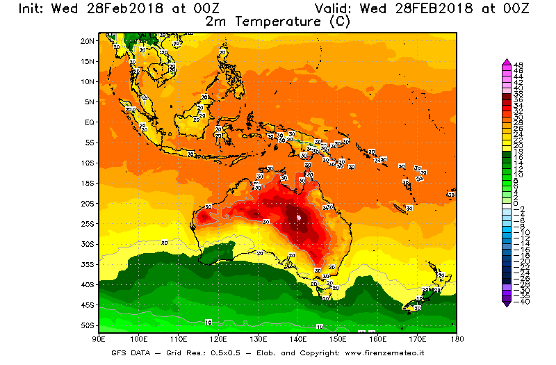 Mappa di analisi GFS - Temperatura a 2 metri dal suolo [°C] in Oceania
							del 28/02/2018 00 <!--googleoff: index-->UTC<!--googleon: index-->