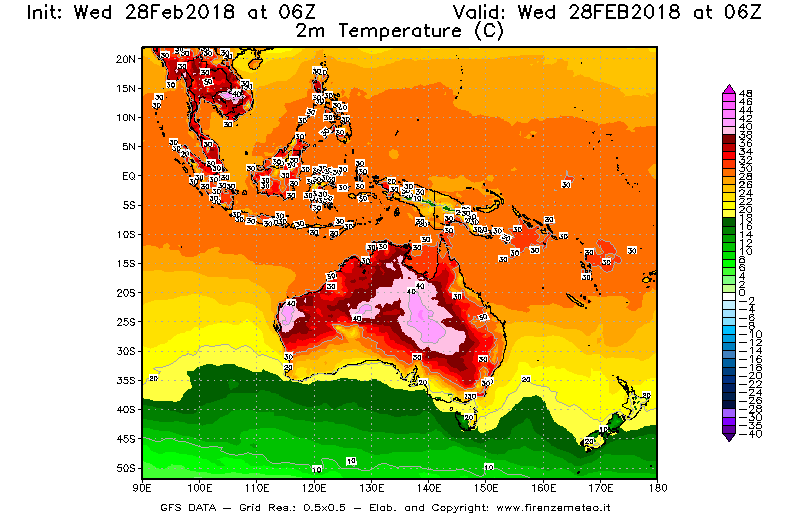 Mappa di analisi GFS - Temperatura a 2 metri dal suolo [°C] in Oceania
							del 28/02/2018 06 <!--googleoff: index-->UTC<!--googleon: index-->