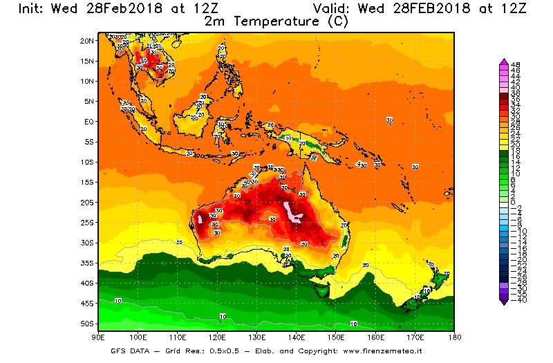 Mappa di analisi GFS - Temperatura a 2 metri dal suolo [°C] in Oceania
							del 28/02/2018 12 <!--googleoff: index-->UTC<!--googleon: index-->