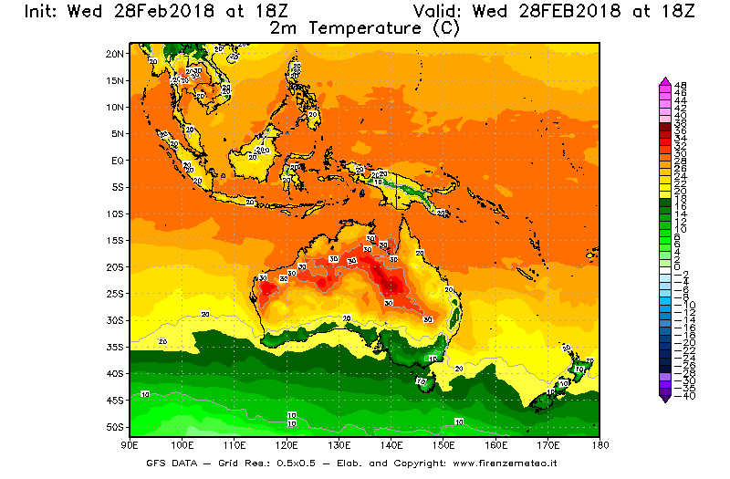Mappa di analisi GFS - Temperatura a 2 metri dal suolo [°C] in Oceania
							del 28/02/2018 18 <!--googleoff: index-->UTC<!--googleon: index-->