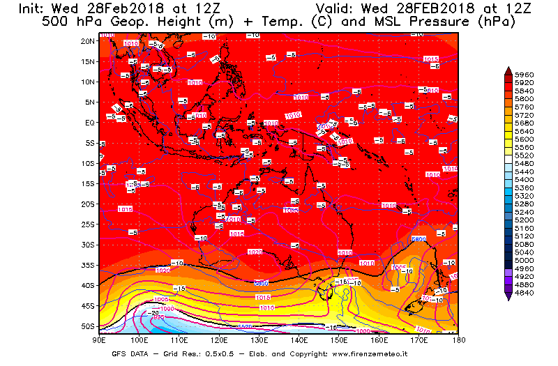 Mappa di analisi GFS - Geopotenziale [m] + Temp. [°C] a 500 hPa + Press. a livello del mare [hPa] in Oceania
							del 28/02/2018 12 <!--googleoff: index-->UTC<!--googleon: index-->