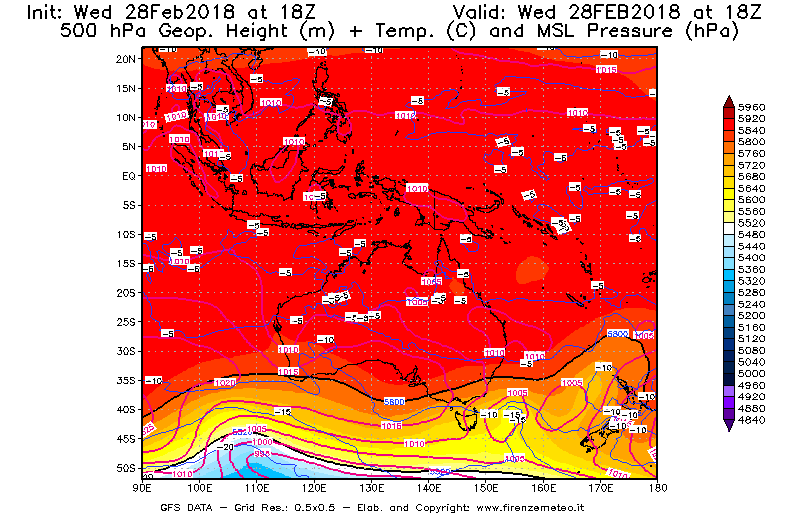 Mappa di analisi GFS - Geopotenziale [m] + Temp. [°C] a 500 hPa + Press. a livello del mare [hPa] in Oceania
							del 28/02/2018 18 <!--googleoff: index-->UTC<!--googleon: index-->