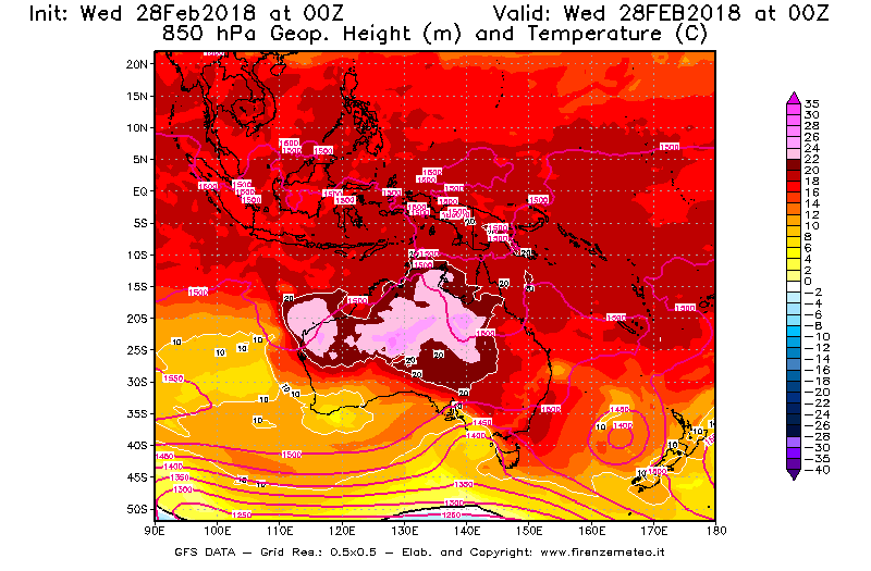 Mappa di analisi GFS - Geopotenziale [m] e Temperatura [°C] a 850 hPa in Oceania
							del 28/02/2018 00 <!--googleoff: index-->UTC<!--googleon: index-->