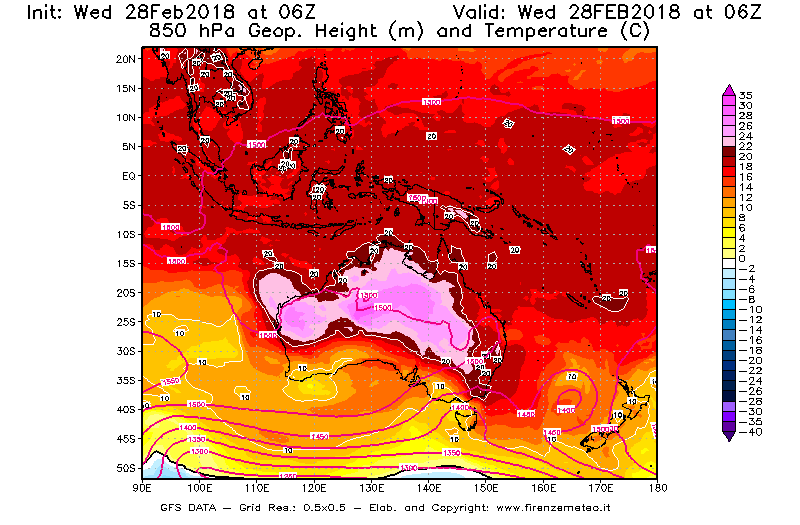 Mappa di analisi GFS - Geopotenziale [m] e Temperatura [°C] a 850 hPa in Oceania
							del 28/02/2018 06 <!--googleoff: index-->UTC<!--googleon: index-->