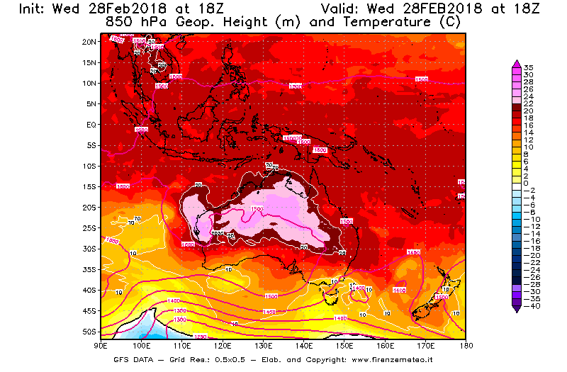 Mappa di analisi GFS - Geopotenziale [m] e Temperatura [°C] a 850 hPa in Oceania
							del 28/02/2018 18 <!--googleoff: index-->UTC<!--googleon: index-->