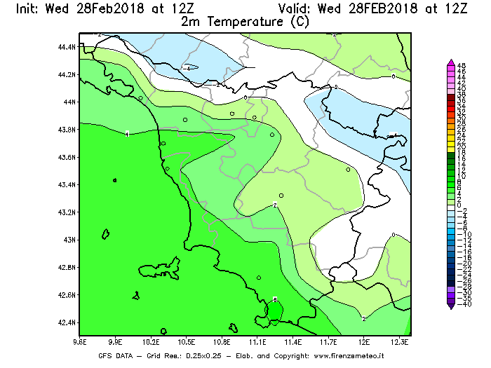 Mappa di analisi GFS - Temperatura a 2 metri dal suolo [°C] in Toscana
							del 28/02/2018 12 <!--googleoff: index-->UTC<!--googleon: index-->