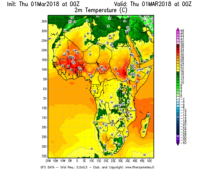 Mappa di analisi GFS - Temperatura a 2 metri dal suolo [°C] in Africa
							del 01/03/2018 00 <!--googleoff: index-->UTC<!--googleon: index-->