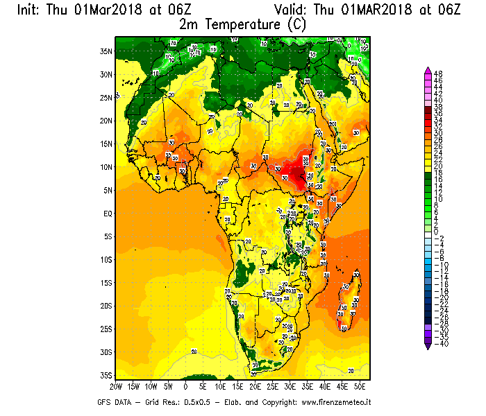 Mappa di analisi GFS - Temperatura a 2 metri dal suolo [°C] in Africa
							del 01/03/2018 06 <!--googleoff: index-->UTC<!--googleon: index-->