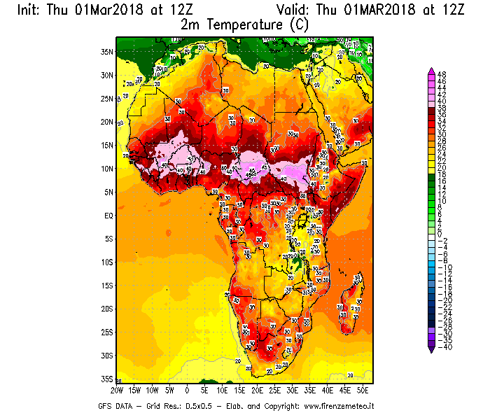 Mappa di analisi GFS - Temperatura a 2 metri dal suolo [°C] in Africa
							del 01/03/2018 12 <!--googleoff: index-->UTC<!--googleon: index-->
