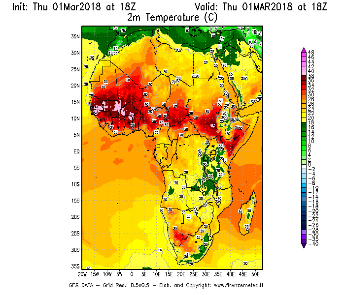Mappa di analisi GFS - Temperatura a 2 metri dal suolo [°C] in Africa
							del 01/03/2018 18 <!--googleoff: index-->UTC<!--googleon: index-->