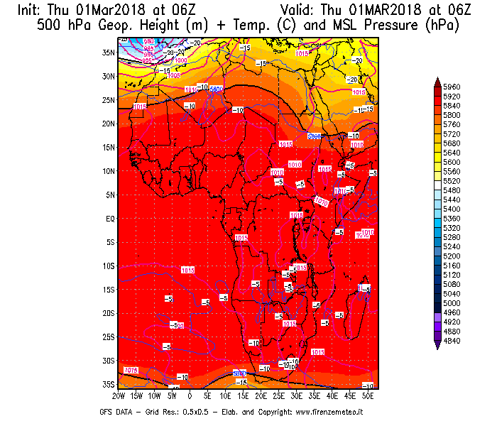 Mappa di analisi GFS - Geopotenziale [m] + Temp. [°C] a 500 hPa + Press. a livello del mare [hPa] in Africa
							del 01/03/2018 06 <!--googleoff: index-->UTC<!--googleon: index-->