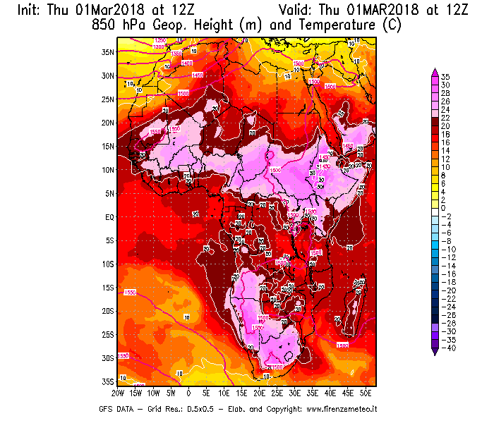 Mappa di analisi GFS - Geopotenziale [m] e Temperatura [°C] a 850 hPa in Africa
							del 01/03/2018 12 <!--googleoff: index-->UTC<!--googleon: index-->
