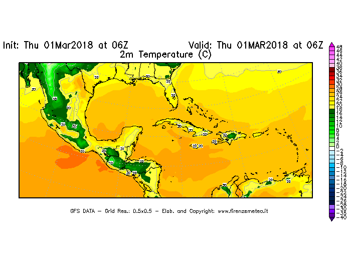 Mappa di analisi GFS - Temperatura a 2 metri dal suolo [°C] in Centro-America
							del 01/03/2018 06 <!--googleoff: index-->UTC<!--googleon: index-->