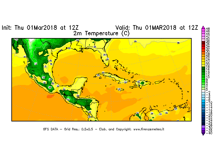 Mappa di analisi GFS - Temperatura a 2 metri dal suolo [°C] in Centro-America
							del 01/03/2018 12 <!--googleoff: index-->UTC<!--googleon: index-->