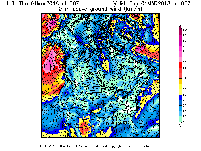 Mappa di analisi GFS - Velocità del vento a 10 metri dal suolo [km/h] in Nord-America
							del 01/03/2018 00 <!--googleoff: index-->UTC<!--googleon: index-->