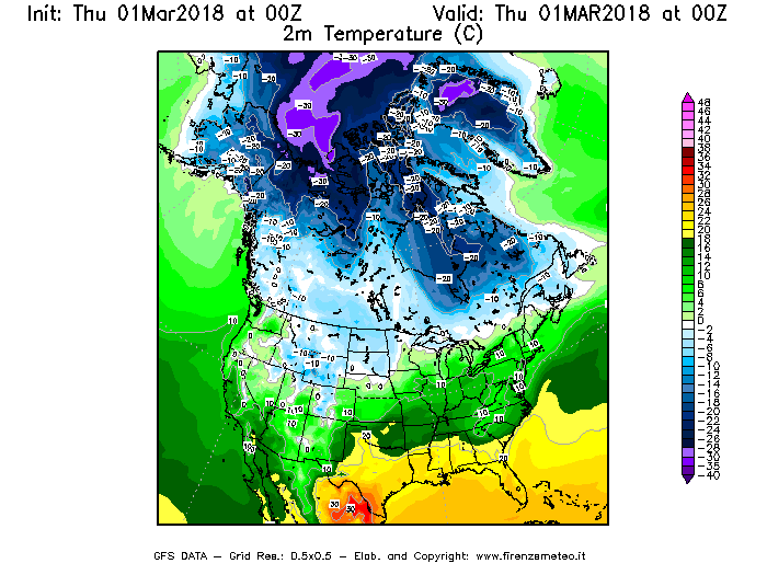 Mappa di analisi GFS - Temperatura a 2 metri dal suolo [°C] in Nord-America
							del 01/03/2018 00 <!--googleoff: index-->UTC<!--googleon: index-->