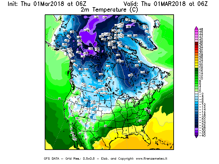 Mappa di analisi GFS - Temperatura a 2 metri dal suolo [°C] in Nord-America
							del 01/03/2018 06 <!--googleoff: index-->UTC<!--googleon: index-->
