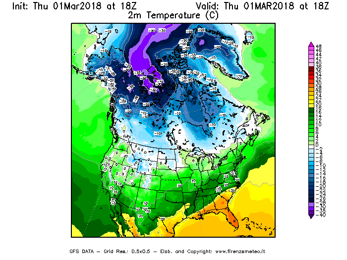 Mappa di analisi GFS - Temperatura a 2 metri dal suolo [°C] in Nord-America
							del 01/03/2018 18 <!--googleoff: index-->UTC<!--googleon: index-->