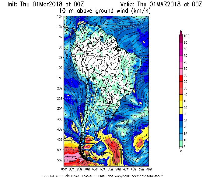 Mappa di analisi GFS - Velocità del vento a 10 metri dal suolo [km/h] in Sud-America
							del 01/03/2018 00 <!--googleoff: index-->UTC<!--googleon: index-->