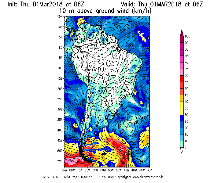 Mappa di analisi GFS - Velocità del vento a 10 metri dal suolo [km/h] in Sud-America
							del 01/03/2018 06 <!--googleoff: index-->UTC<!--googleon: index-->