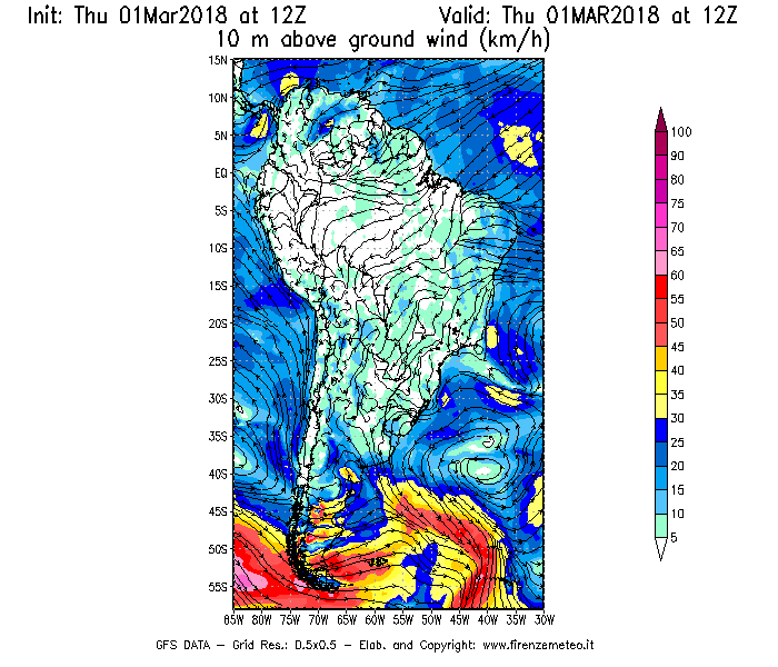 Mappa di analisi GFS - Velocità del vento a 10 metri dal suolo [km/h] in Sud-America
							del 01/03/2018 12 <!--googleoff: index-->UTC<!--googleon: index-->