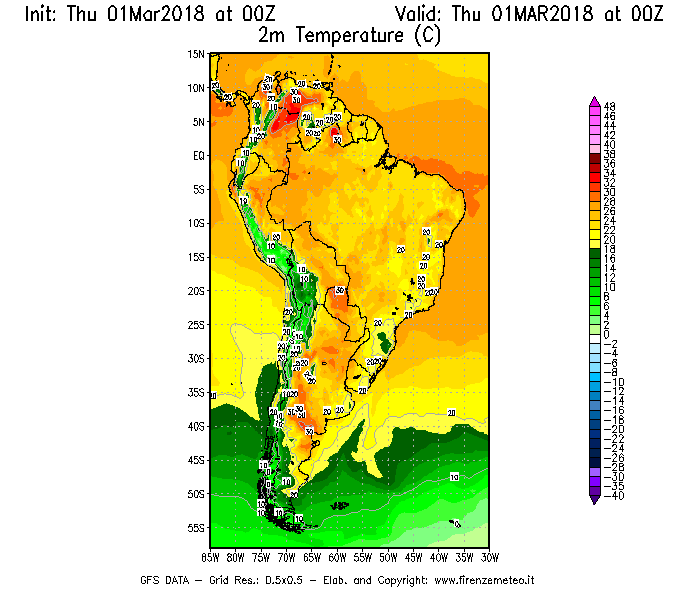 Mappa di analisi GFS - Temperatura a 2 metri dal suolo [°C] in Sud-America
							del 01/03/2018 00 <!--googleoff: index-->UTC<!--googleon: index-->