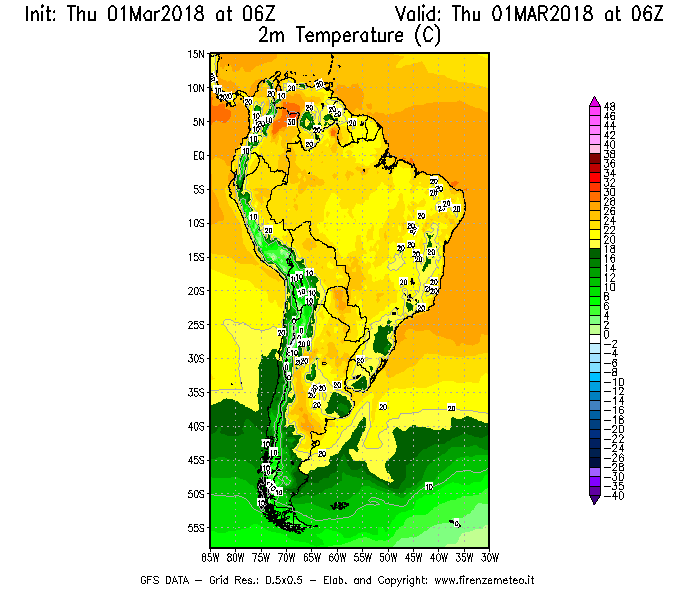 Mappa di analisi GFS - Temperatura a 2 metri dal suolo [°C] in Sud-America
							del 01/03/2018 06 <!--googleoff: index-->UTC<!--googleon: index-->