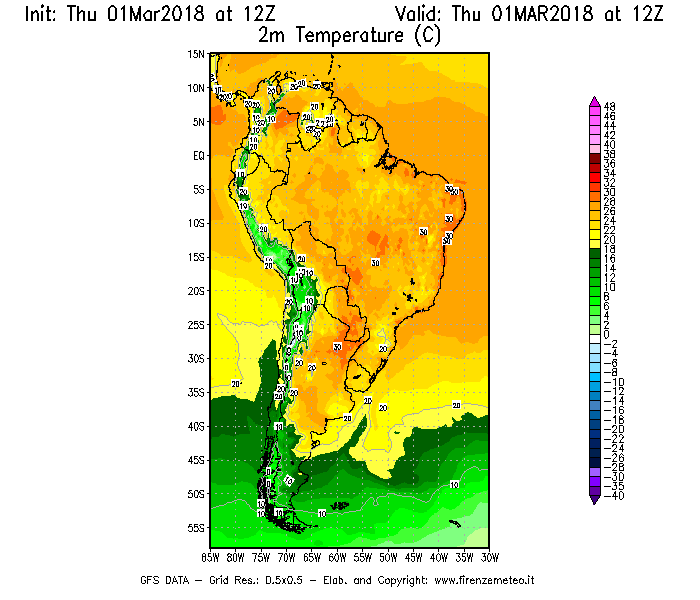 Mappa di analisi GFS - Temperatura a 2 metri dal suolo [°C] in Sud-America
							del 01/03/2018 12 <!--googleoff: index-->UTC<!--googleon: index-->