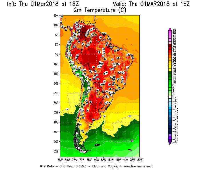 Mappa di analisi GFS - Temperatura a 2 metri dal suolo [°C] in Sud-America
							del 01/03/2018 18 <!--googleoff: index-->UTC<!--googleon: index-->