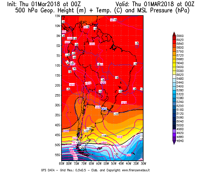 Mappa di analisi GFS - Geopotenziale [m] + Temp. [°C] a 500 hPa + Press. a livello del mare [hPa] in Sud-America
							del 01/03/2018 00 <!--googleoff: index-->UTC<!--googleon: index-->