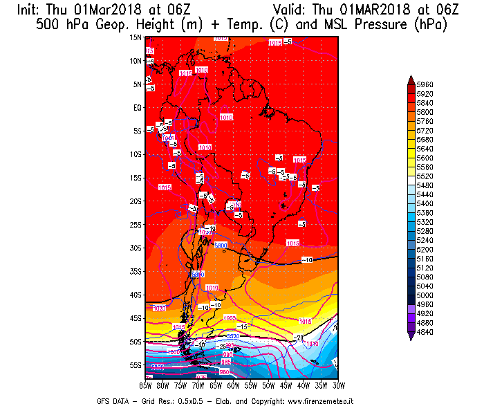 Mappa di analisi GFS - Geopotenziale [m] + Temp. [°C] a 500 hPa + Press. a livello del mare [hPa] in Sud-America
							del 01/03/2018 06 <!--googleoff: index-->UTC<!--googleon: index-->