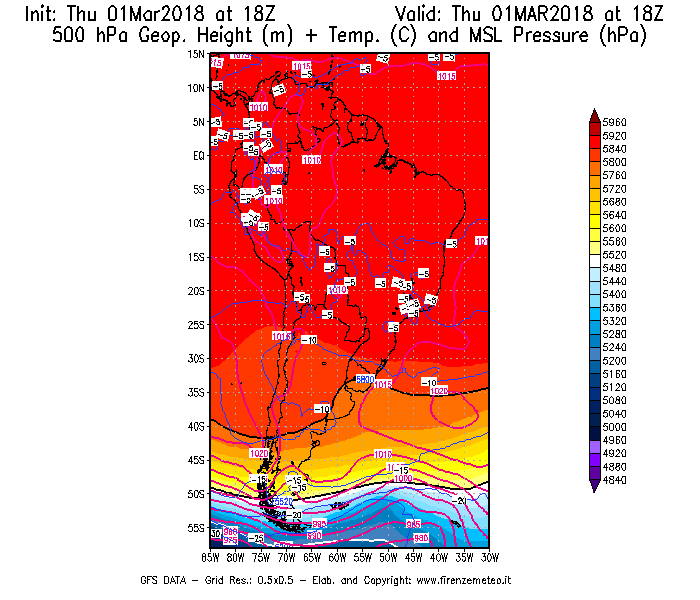 Mappa di analisi GFS - Geopotenziale [m] + Temp. [°C] a 500 hPa + Press. a livello del mare [hPa] in Sud-America
							del 01/03/2018 18 <!--googleoff: index-->UTC<!--googleon: index-->