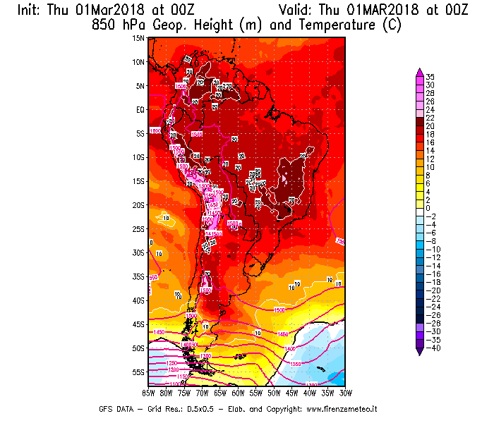 Mappa di analisi GFS - Geopotenziale [m] e Temperatura [°C] a 850 hPa in Sud-America
							del 01/03/2018 00 <!--googleoff: index-->UTC<!--googleon: index-->